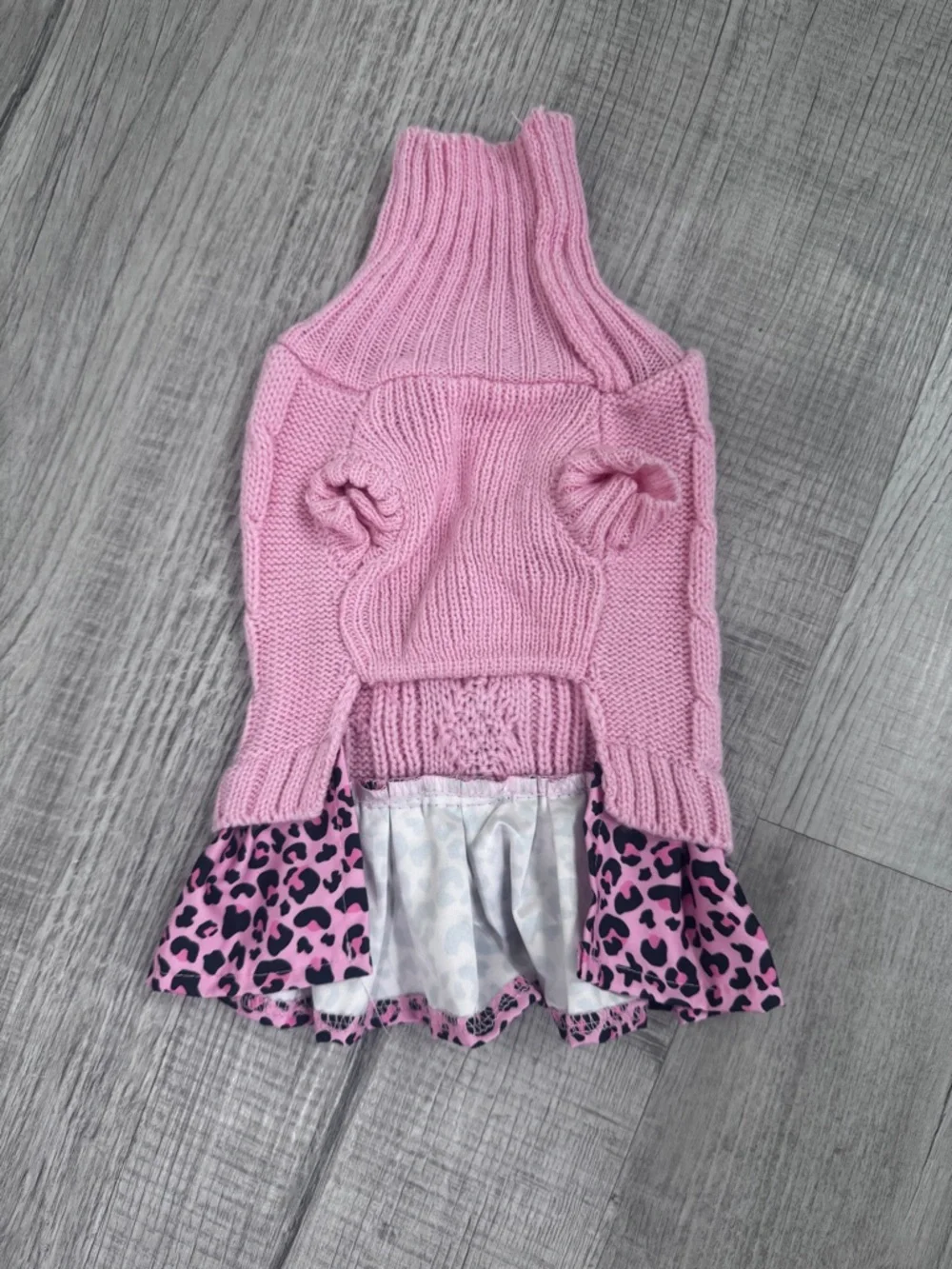 Pink Cable Knit Dog Sweater Dress with Leopard Print Ruffle & Bow Pet Clothes.